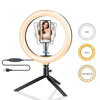 LED ring light with a tripod stand showing a woman's face for streaming or makeup application