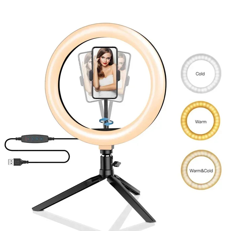 LED ring light with a tripod stand showing a woman's face for streaming or makeup application