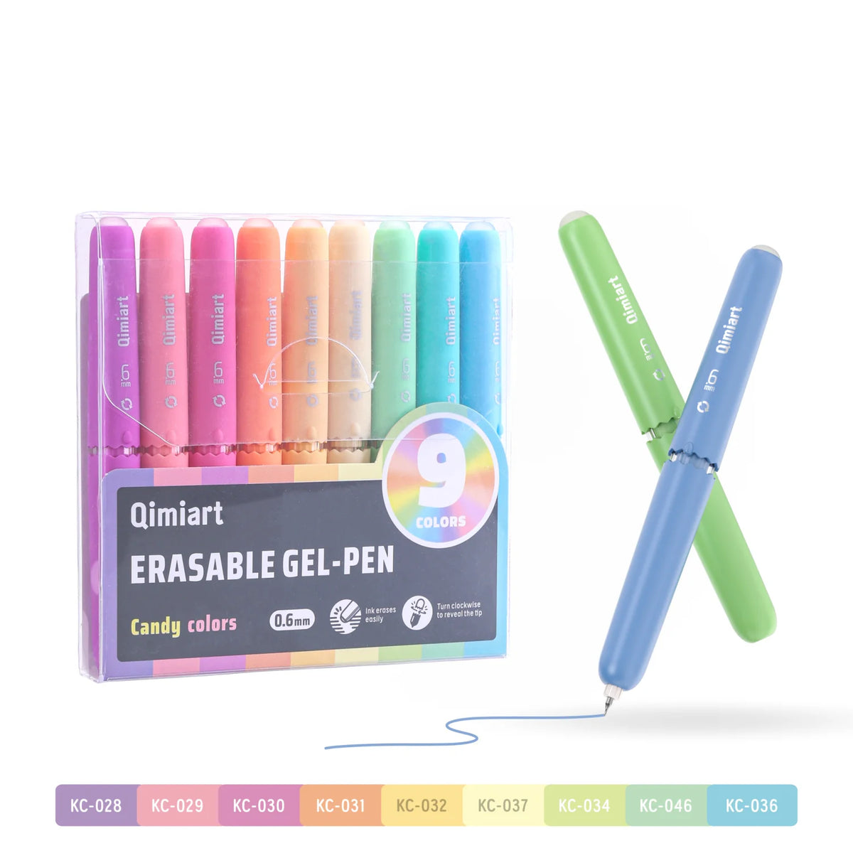 A set of nine colored erasable gel pens in various shades, including purple, pink, orange, and green.
