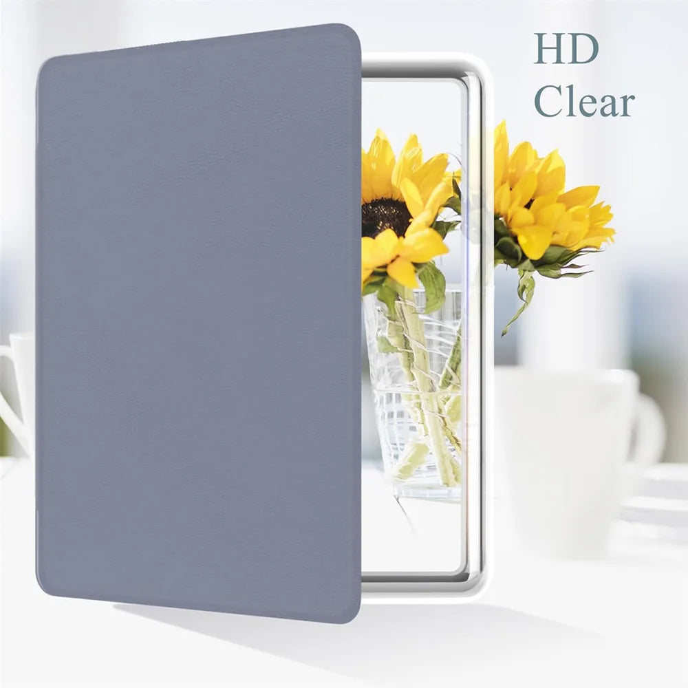 A gray silicone protective cover for a Kindle e-reader is shown next to a display featuring yellow flowers.