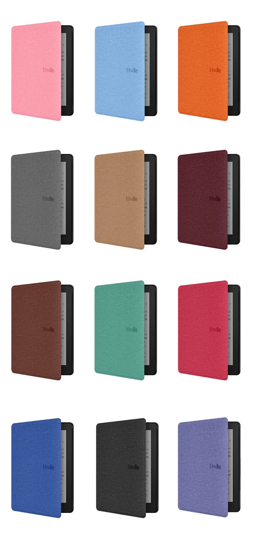 A collection of nine magnetic protective cases for Kindle e-readers in various colors including pink, blue, orange, gray, bro