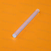 A clear hot melt glue stick is shown diagonally against an orange background.