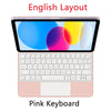 Clavier magnétique flottant rose avec disposition anglaise affiché sur un iPad.