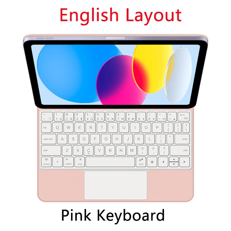 Clavier magnétique flottant rose avec disposition anglaise affiché sur un iPad.