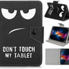Black leather folio case with a face design warning against touching the tablet.