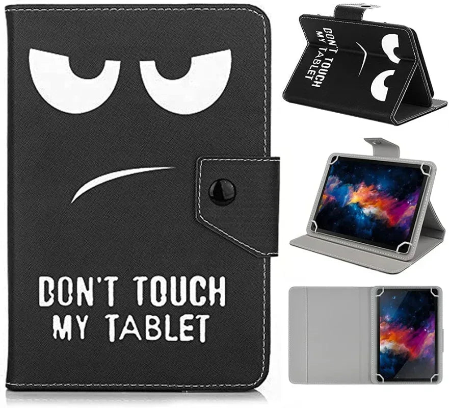 Black leather folio case with a face design warning against touching the tablet.