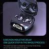 A close-up view of a sleek, silver wireless earbud case with a transparent lid, showing the earbuds inside.