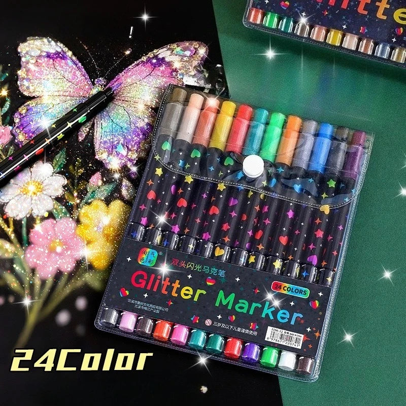 Nahaufnahme eines Sets von 24farbigen Doppelseitermarker mit Schmetterlingsdesign und losem Glitzer.