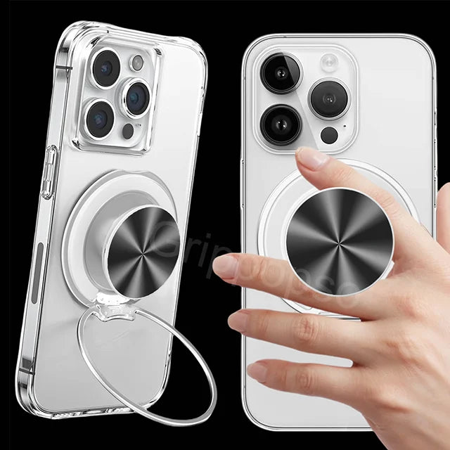 A hand holds a clear magnetic phone ring holder and stand with a universal adapter, demonstrating its use.