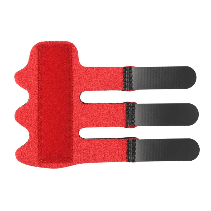Red adjustable finger splint with black grips for pain relief and support