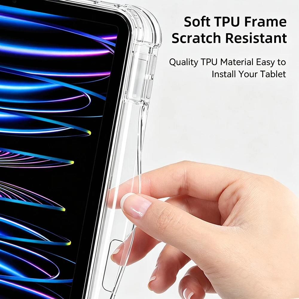 A hand is holding a clear TPU frame protective case for a tablet, demonstrating its easy installation.