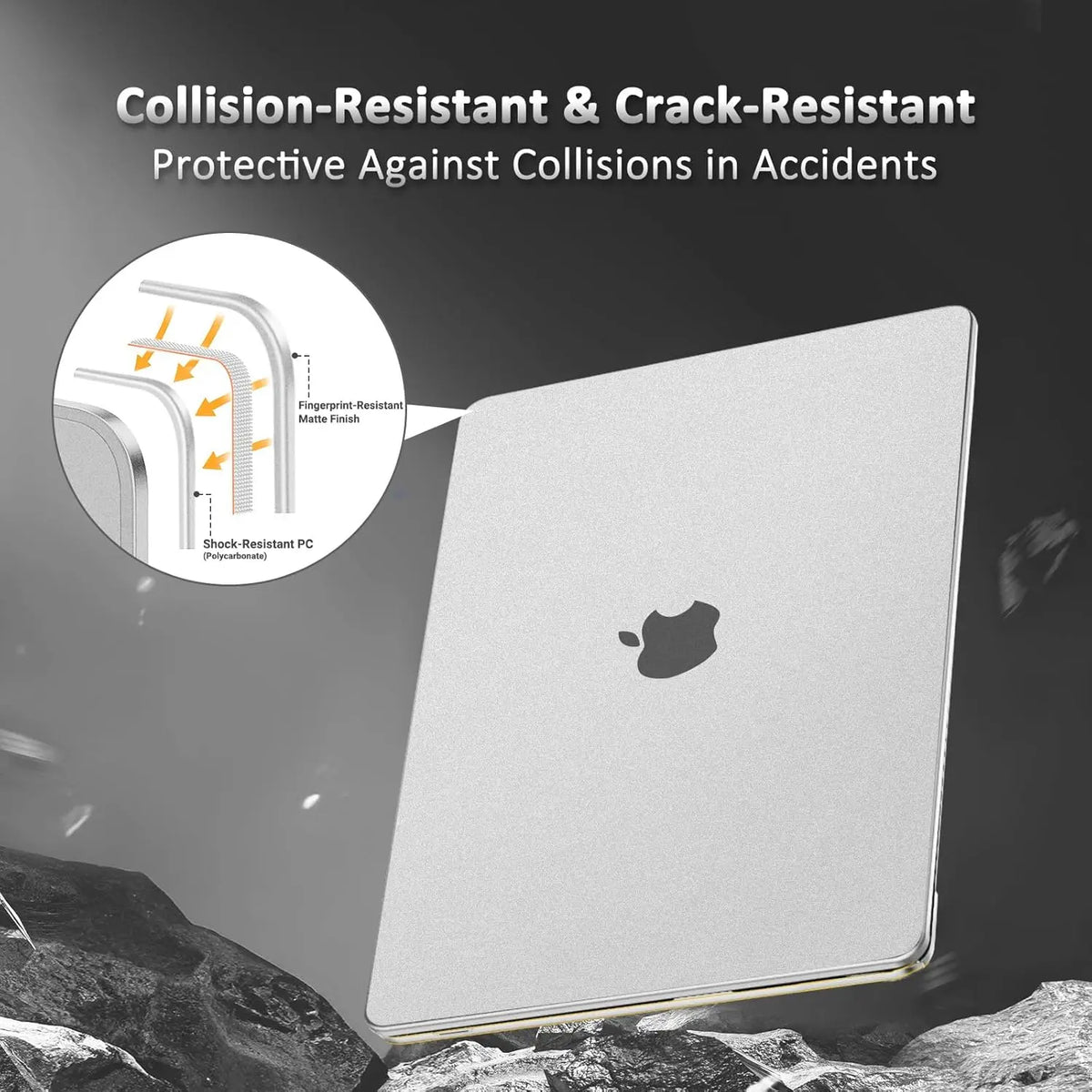 A silver protective case for a MacBook, designed to be collision-resistant and crack-resistant.