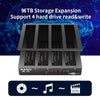 A black 4-bay external hard drive docking station with slots for 3.5-inch drives and SATA drives.
