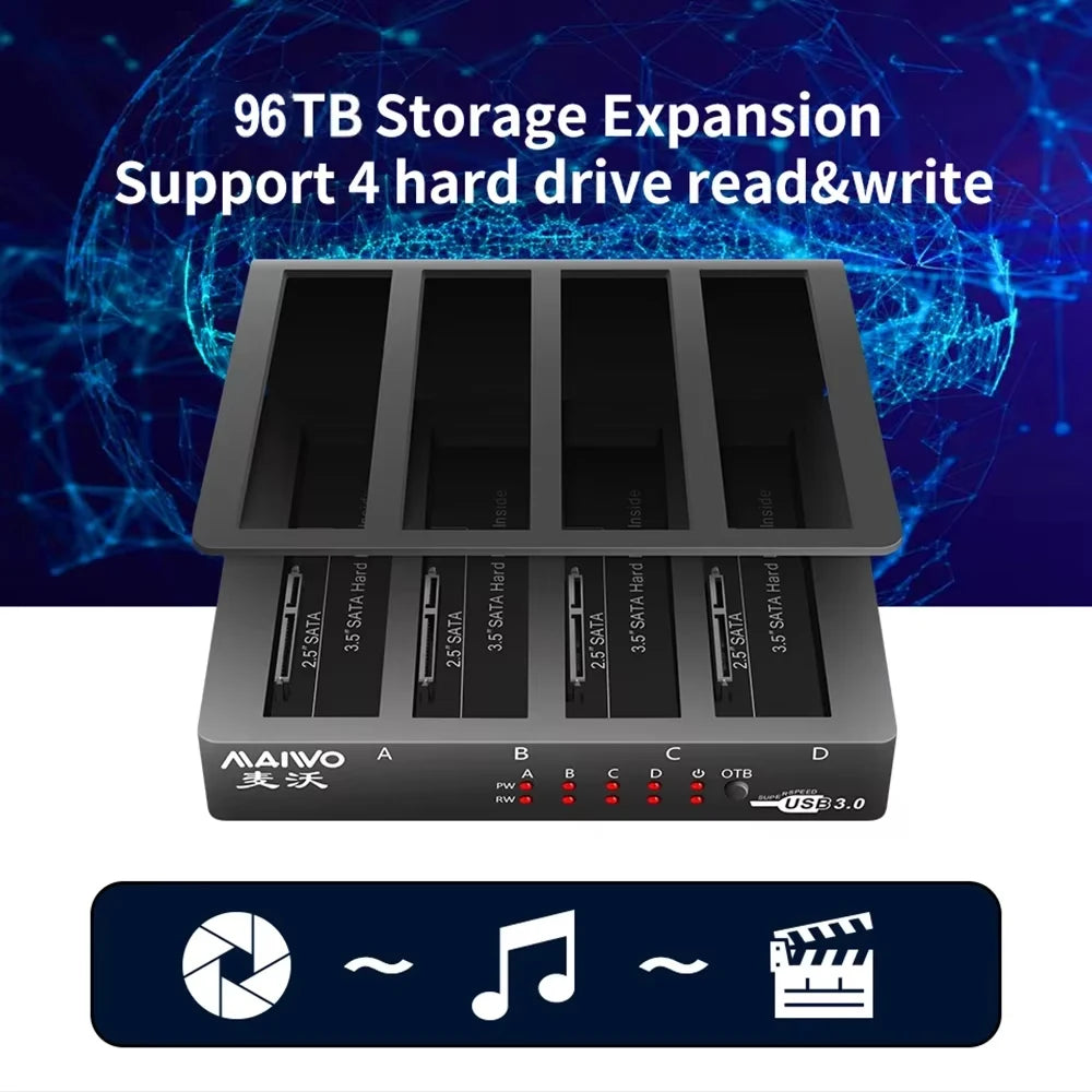 A black 4-bay external hard drive docking station with slots for 3.5-inch drives and SATA drives.