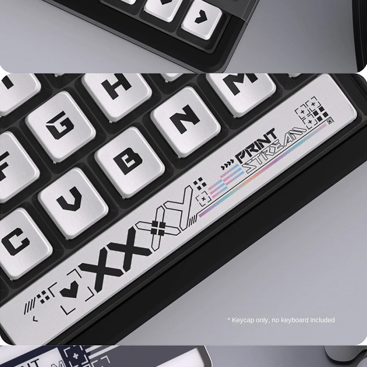 Close-up view of a set of transparent pudding style PBT keycaps for a CSGO gaming keyboard.