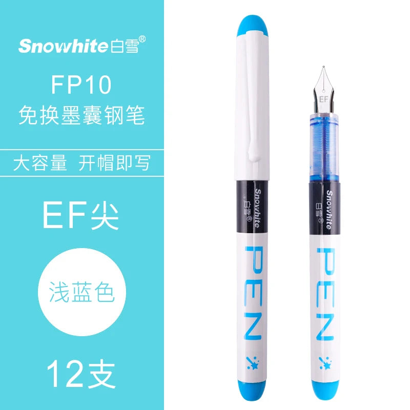 A white fountain pen with a silver tip and blue accents shown next to its packaging.