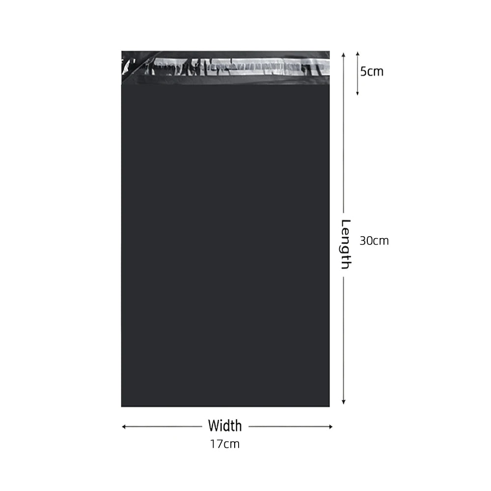 A rectangular black poly mailer with a visible white seal at the top, measuring 17cm wide and 30cm long.