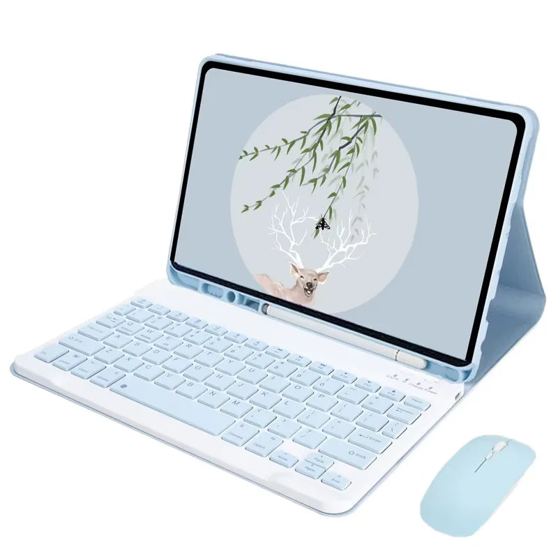 A light blue leather keyboard case with a detachable Bluetooth keyboard shown open on an iPad.