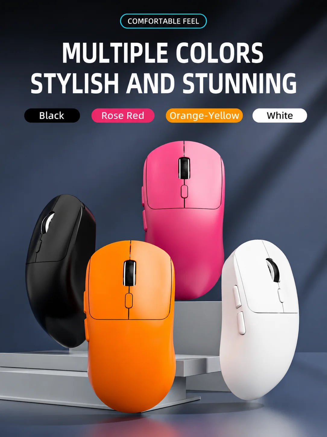 Une présentation de quatre souris d'ordinateur colorées : noir, rose rouge, orange-jaune et blanc.