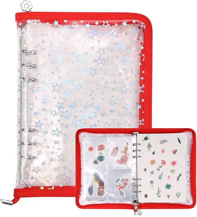 A red A5 sticker organizer binder with clear storage pockets and a silver metal ring.