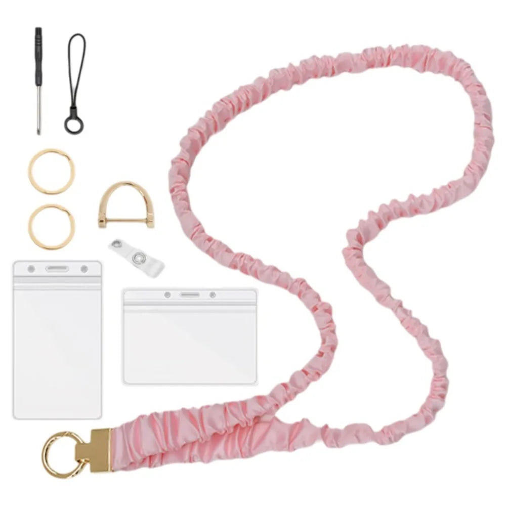Pink stretchy breakaway ID badge lanyard with a retractable reel and clip.
