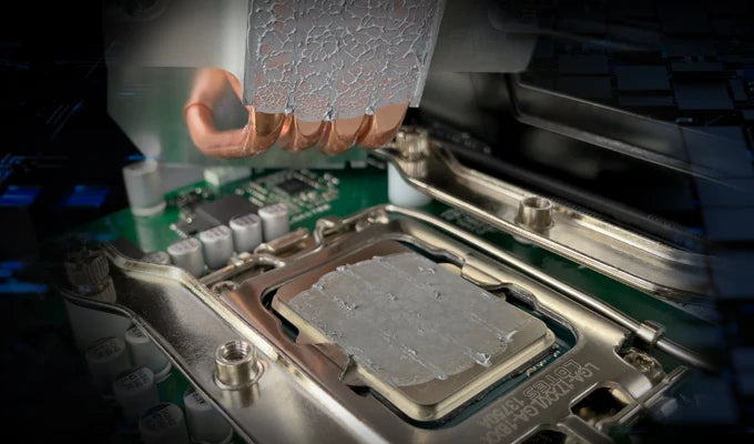 A hand is applying Arctic MX-6 high-performance thermal paste onto a CPU or component surface.