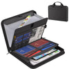 A black multi-compartment fireproof organizer file folder with a clear plastic sleeve and an attached black pouch.