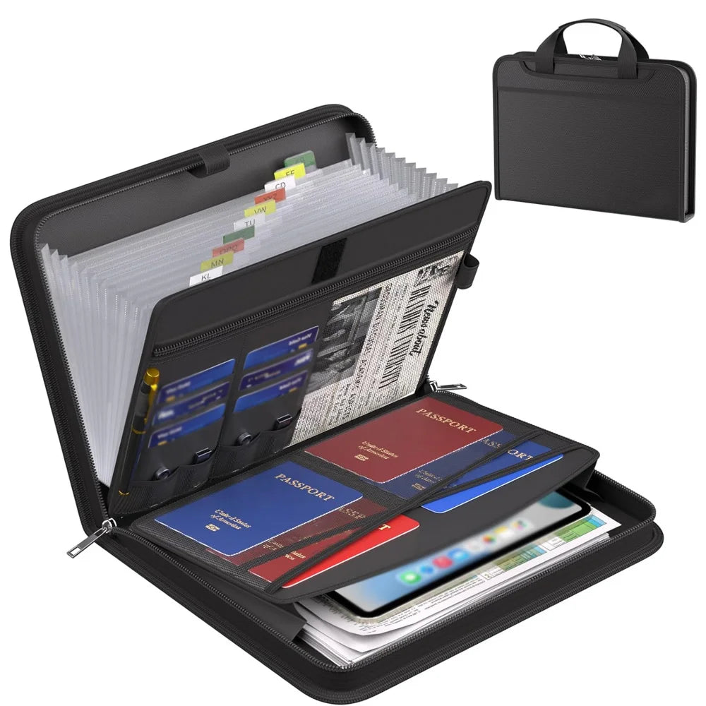A black multi-compartment fireproof organizer file folder with a clear plastic sleeve and an attached black pouch.