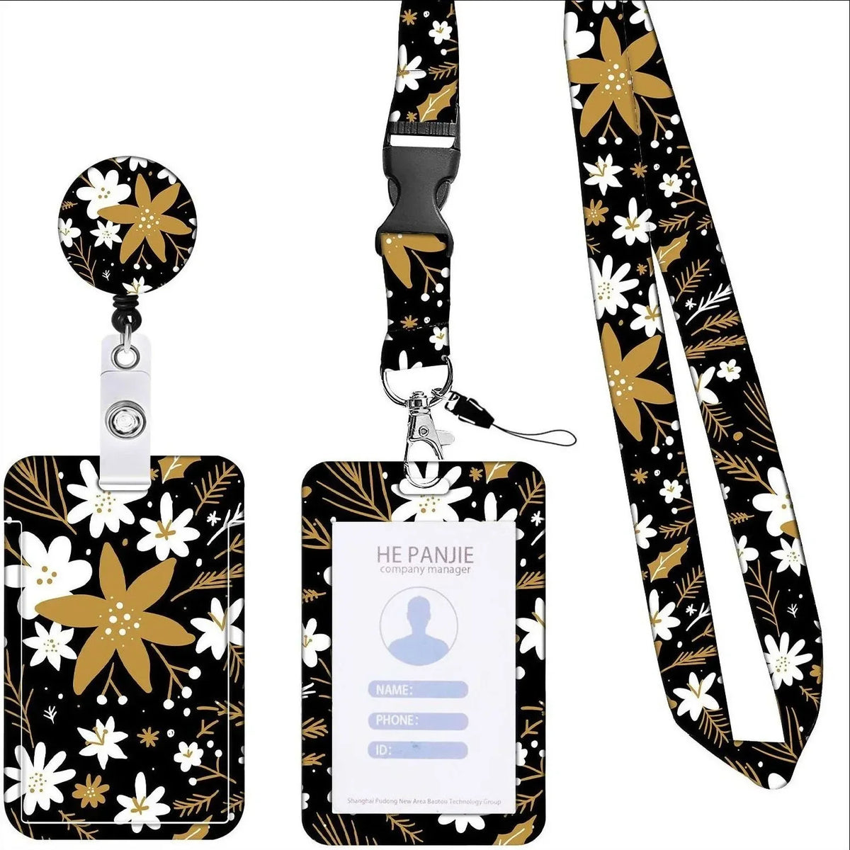 Floral retractable badge reel with a black and gold pattern and a lanyard for ID and card holder