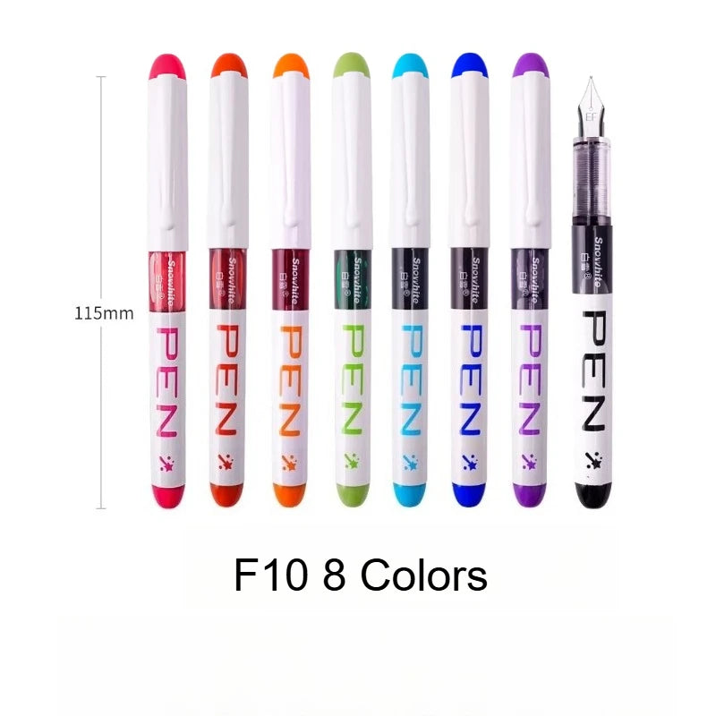 Eight assorted color fine point fountain pens standing upright in a row.