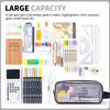 A transparent mesh pencil pouch filled with various writing and drawing tools including pens, pencils, and scissors.