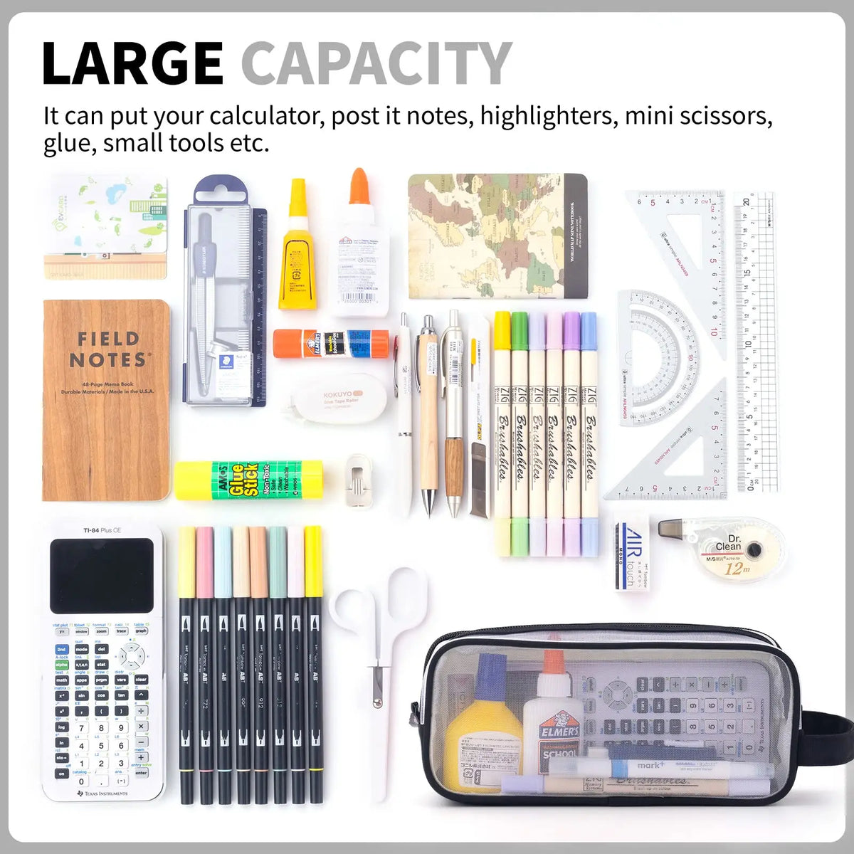 A transparent mesh pencil pouch filled with various writing and drawing tools including pens, pencils, and scissors.