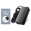 A black Type-C 100W USB-C PD laptop charger adapter with a coiled cable shown next to its specification card.