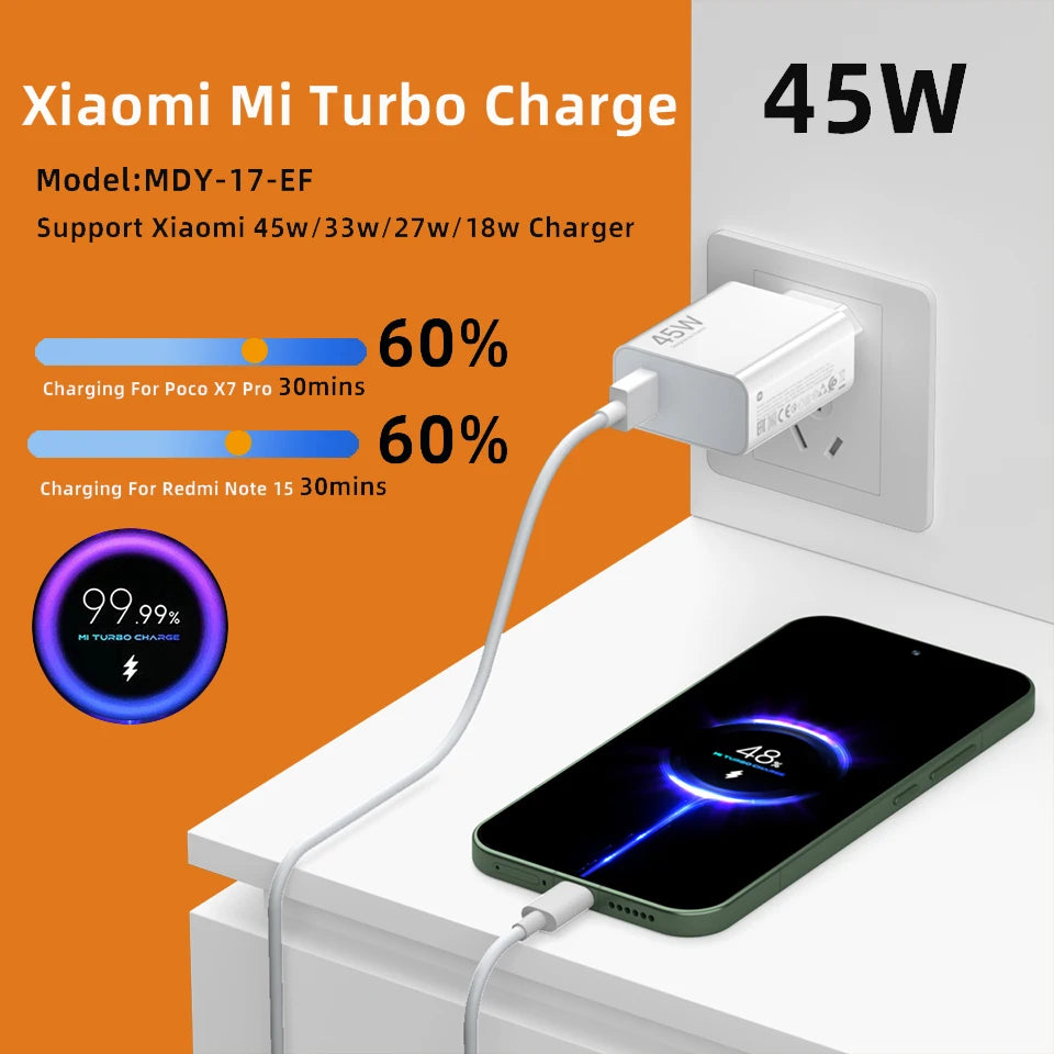 A Xiaomi Mi Turbo Charge 45W fast charging setup showing a phone being charged via a USB-C cable.