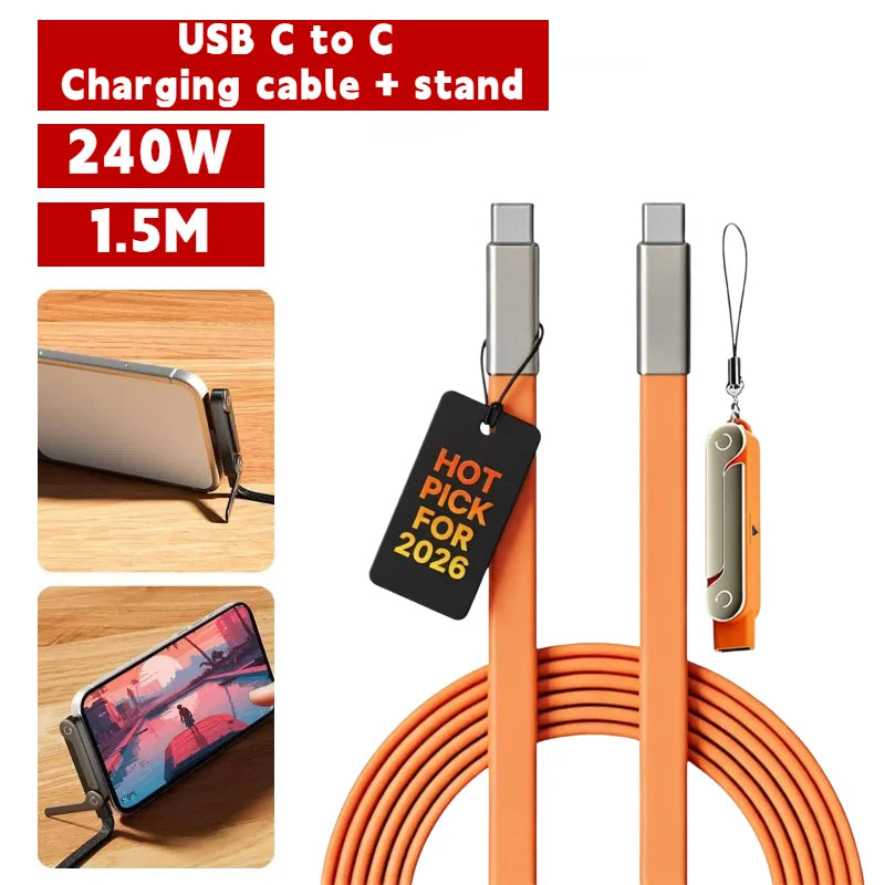 Orange USB C to C charging cable and stand for fast charging devices