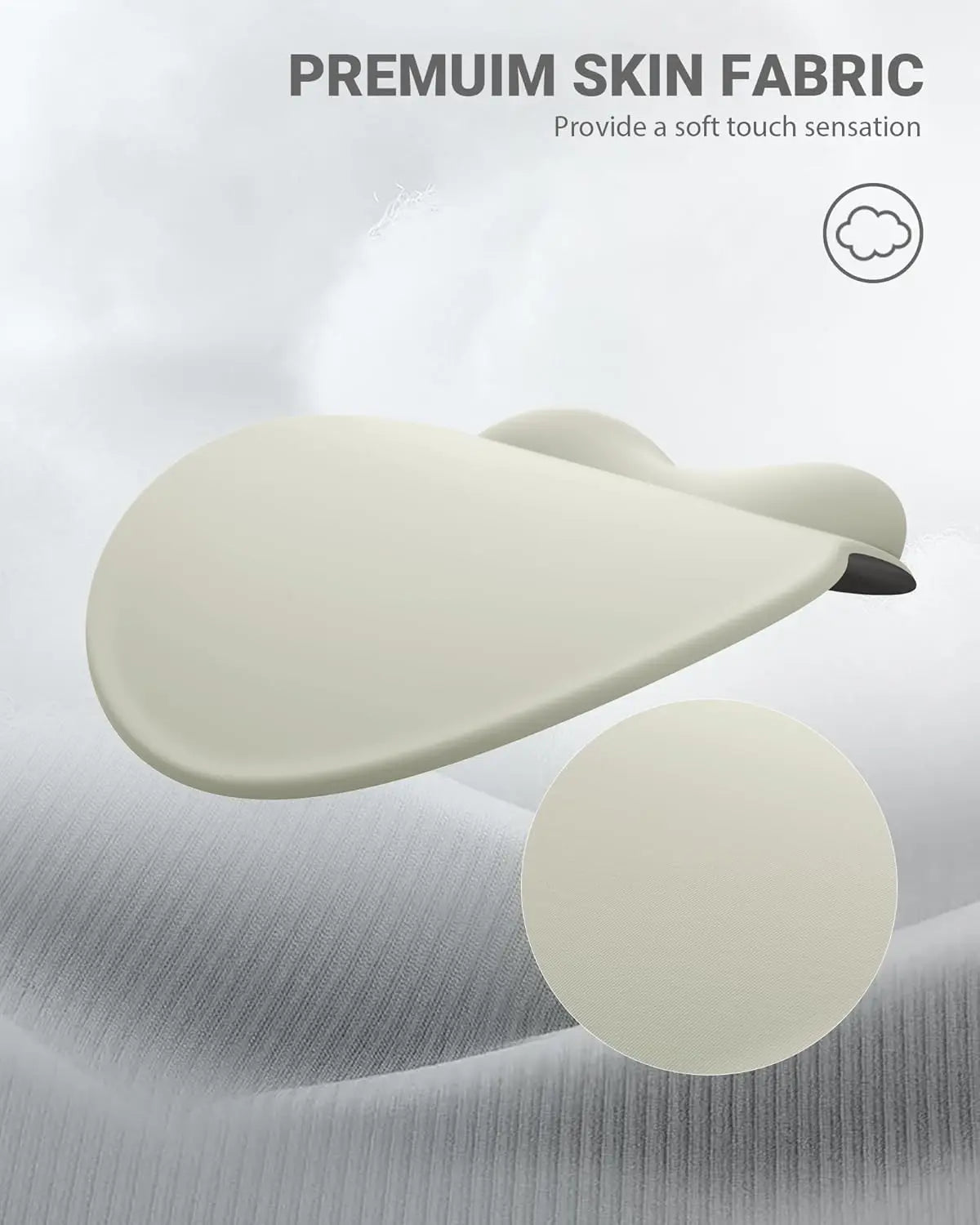 A close-up view of a smooth, beige skin fabric mouse pad providing a soft touch sensation.