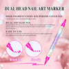 A purple dual-head nail art marker pen with a brush tip and fine tip is shown against a pink background.
