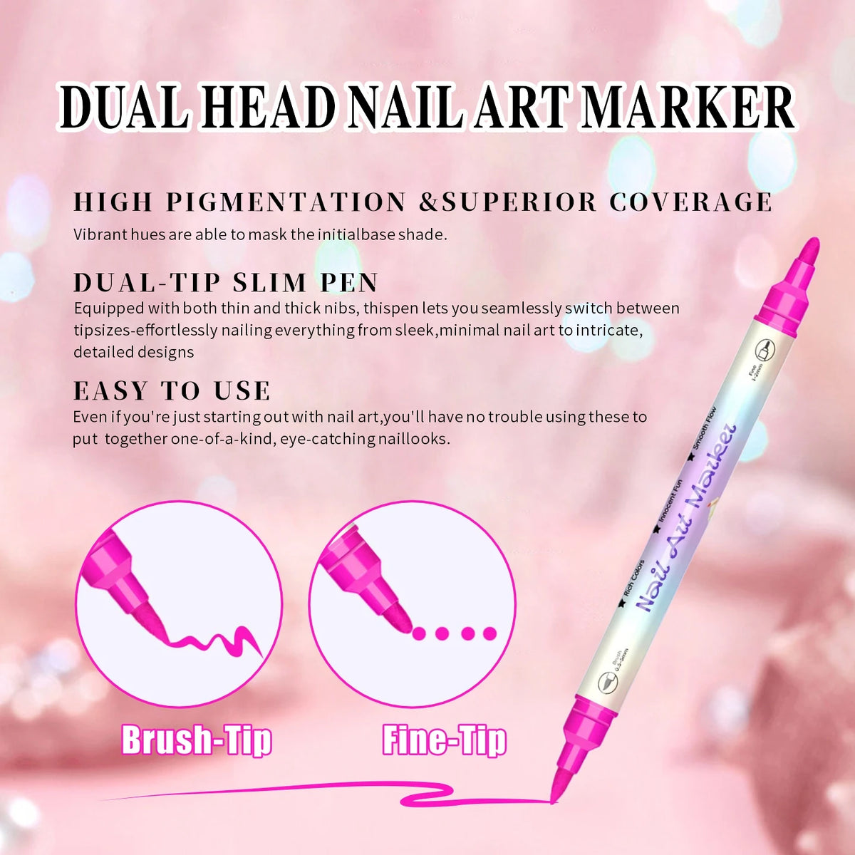 A purple dual-head nail art marker pen with a brush tip and fine tip is shown against a pink background.
