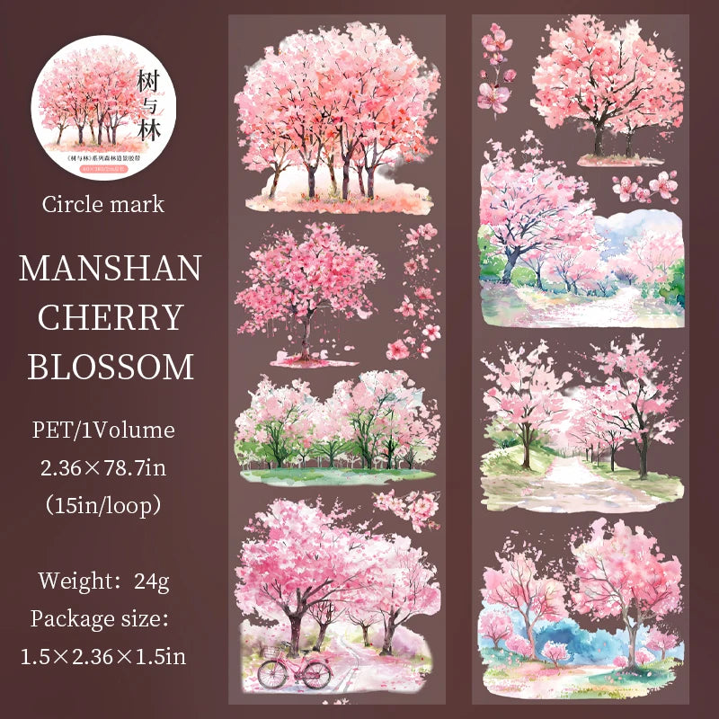 Pink Manshan cherry blossom trees in bloom on a watercolor background.