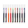 A pack of ten colorful gel pens in various colors and designs for writing and art.