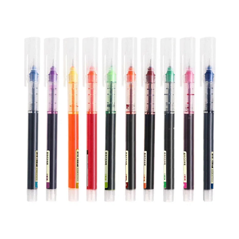 A pack of ten colorful gel pens in various colors and designs for writing and art.