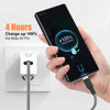A hand holds a smartphone while it is being fast charged using a USB-C cable connected to a wall charger.
