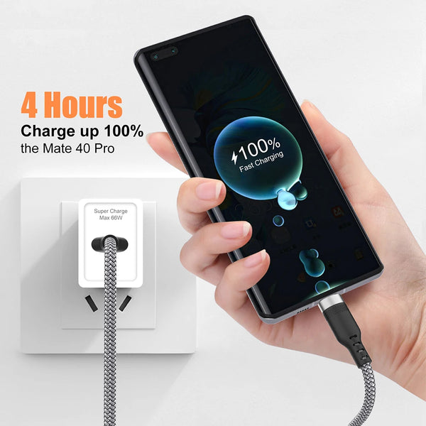 A hand holds a smartphone while it is being fast charged using a USB-C cable connected to a wall charger.