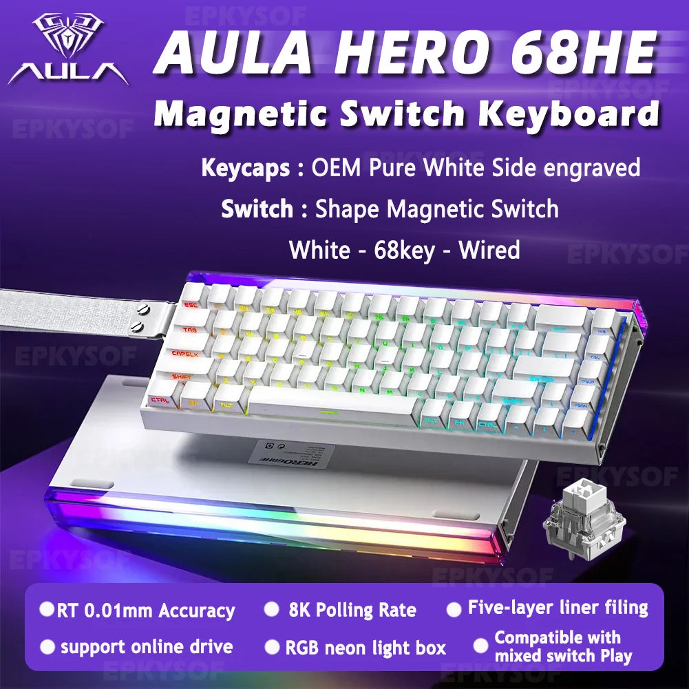 AULA HERO 68HE magnetic switch keyboard featuring white keys and wired connection