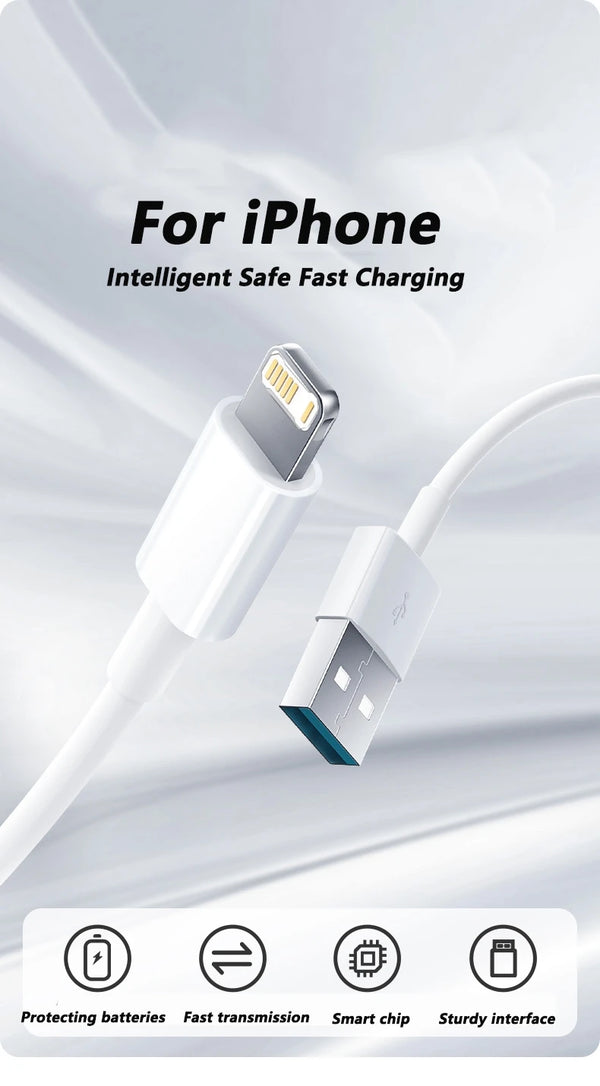 A white USB-C charging cable and connector for an iPhone, highlighting features like protecting batteries and fast transmissi