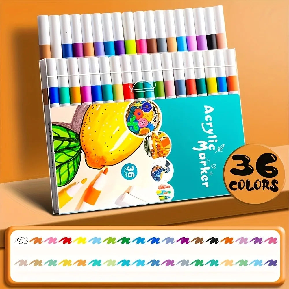 Ein Set von 36 professionellen Acryl-Malerkugeln in verschiedenen Farben, arrangiert in einer weißen Kunststofftasche.
