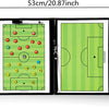 A foldable magnetic soccer coaching board showing a green field layout with markers and goal lines.