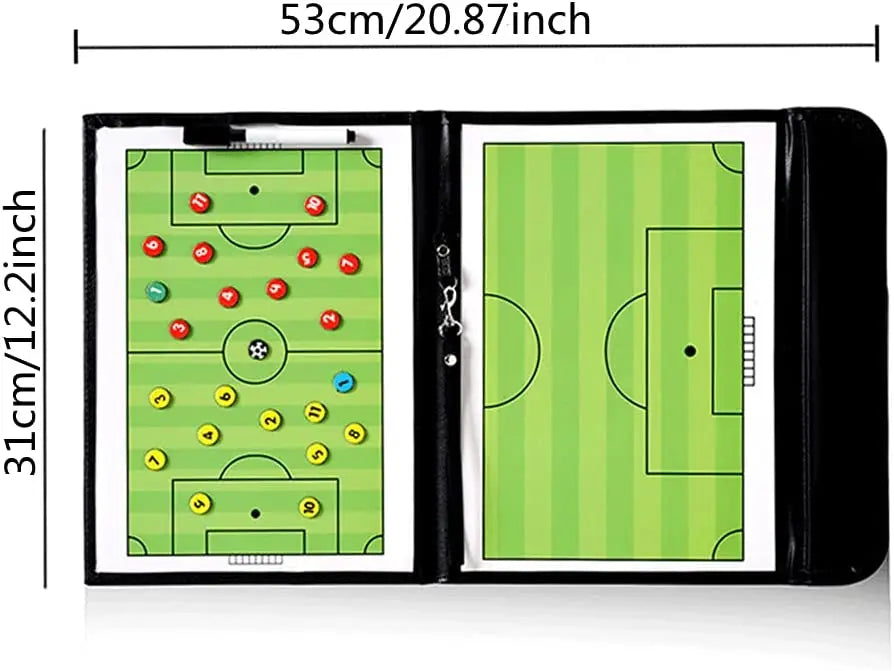 A foldable magnetic soccer coaching board showing a green field layout with markers and goal lines.