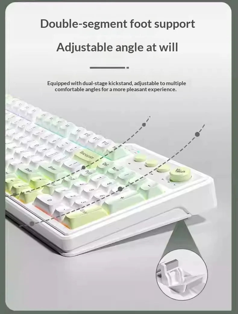 Nahaufnahme einer weißen mechanischen Tastatur mit doppelsegmentigem Fußsupport und verstellbarem Winkel.