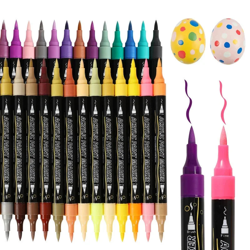 A set of dual-tip acrylic paint markers in various colors and a yellow speckled paint ball.